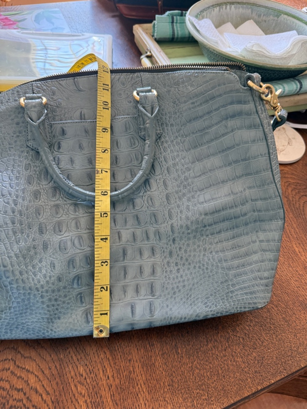 Brahmin Croc-Embossed Dome Satchel in Slate Blue